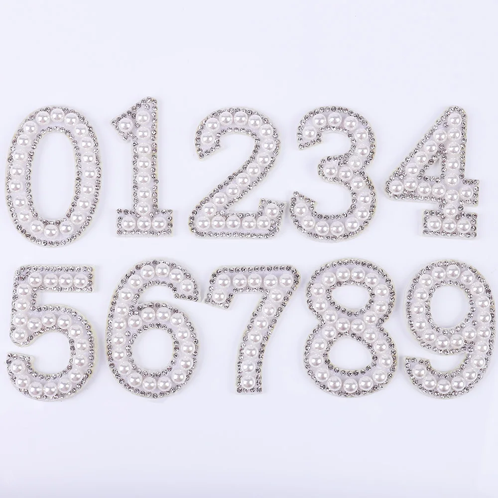 3Types 0-9 3D Pearl Number Iron On Rhinestone Patch Cloth Sticker For Hat Coat Shoes Decoration L0214