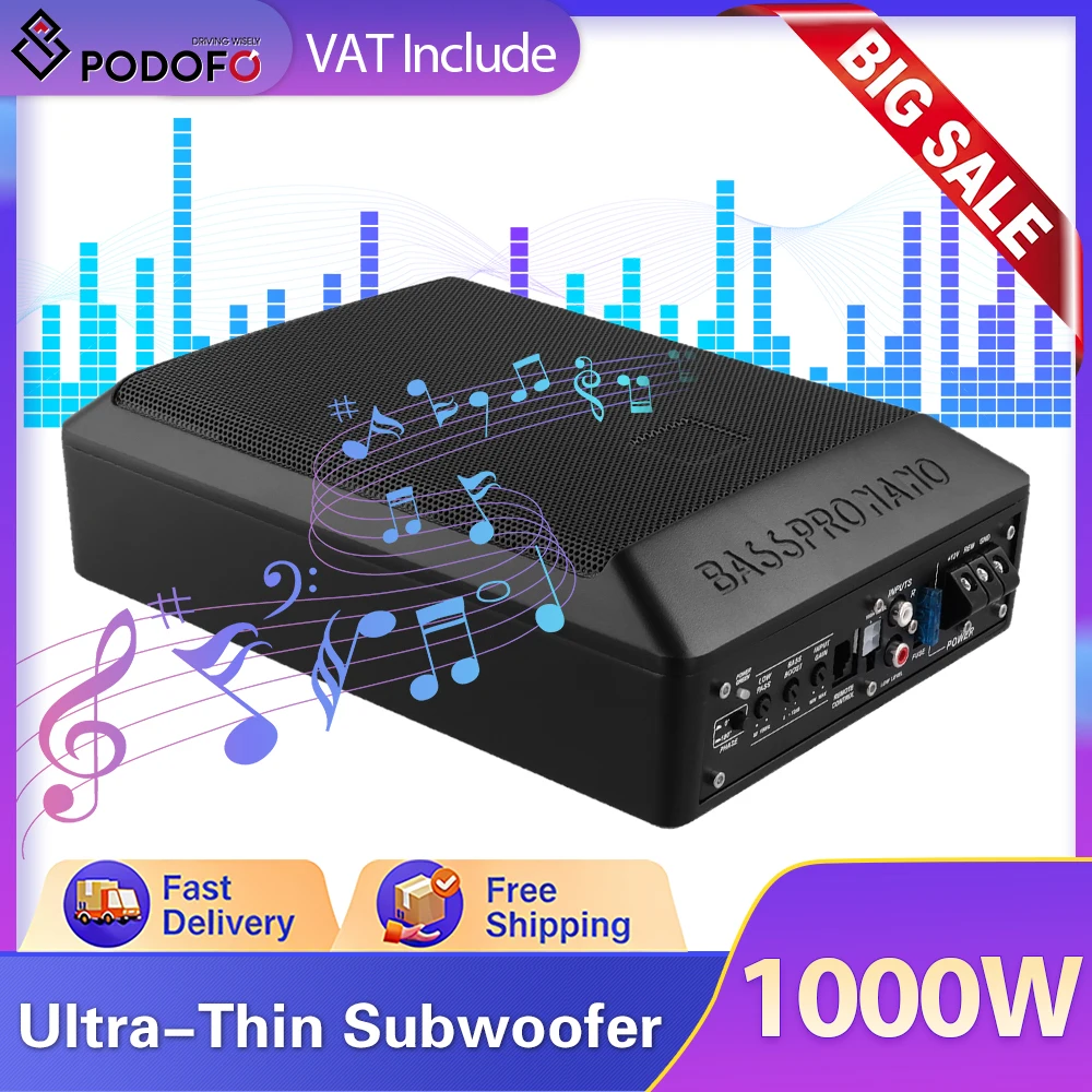 Podofo 800W 12V Haut-parleur de voiture et camion, Subwoofer actif, Subwoofer mince sous siège, Amplificateur de super basses pour voiture