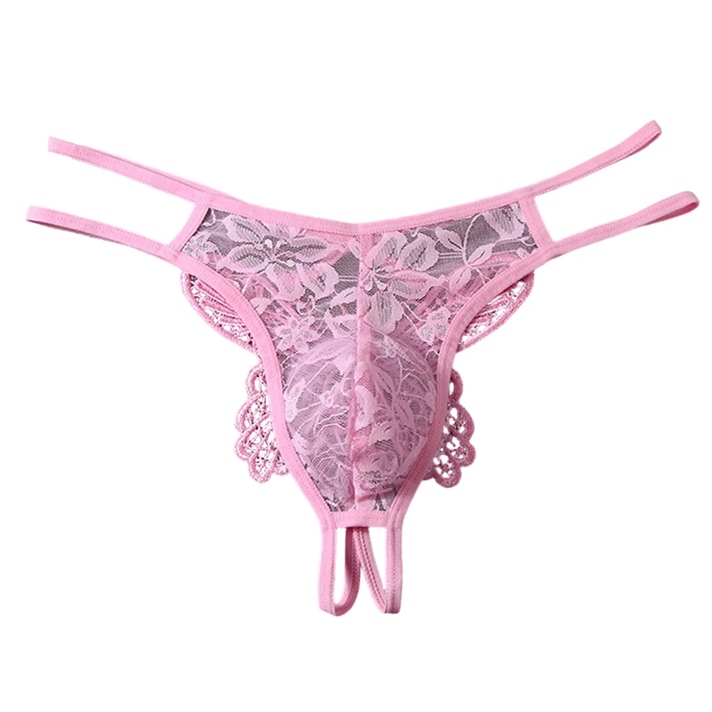 Men Sexy Hollow Lace Thong Panties Transparent Floral Lace Underwear Low Rise G String Briefs Lightweight Lingerie Daily Wear