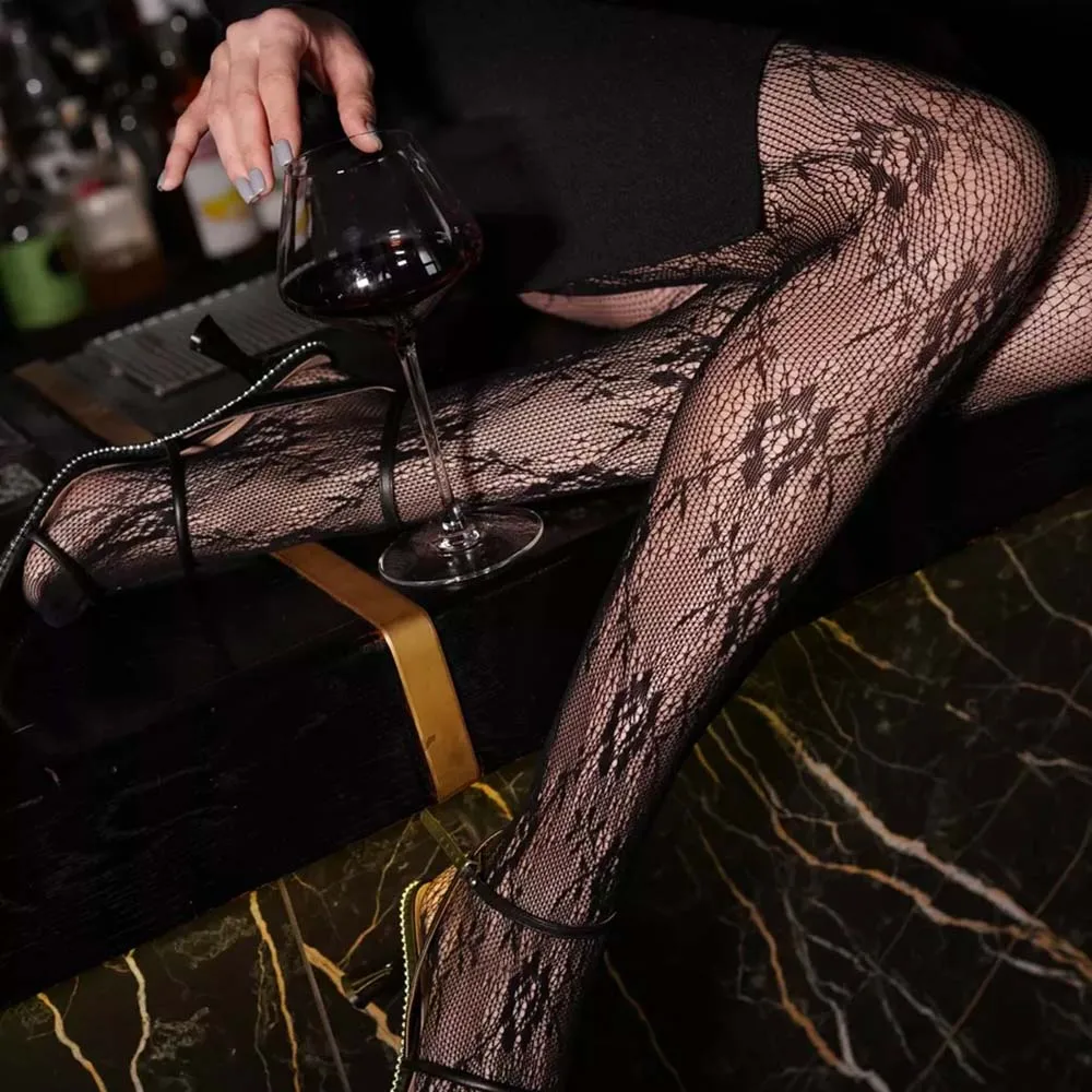 1 Paar Damen-Strumpfhose mit Blumenmuster, Jacquard, ausgehöhlt, Netzstrumpfhose, elastische Spitze, Netzstrumpfhose, Y2K, Club Street Wear