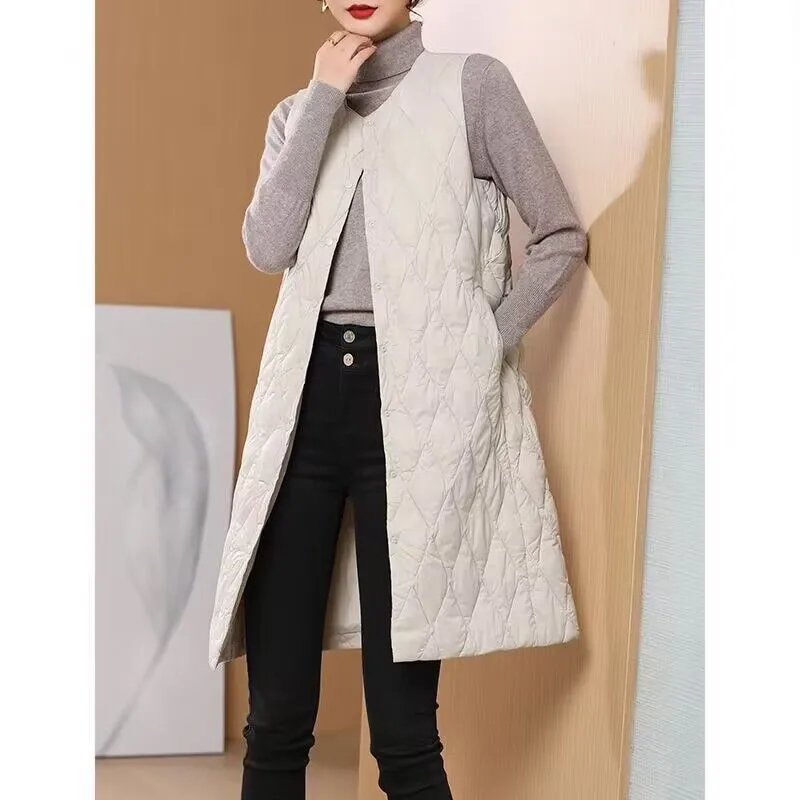 Warm Long Rhombic Down Waistcoat Coat 2023 Autumn Winter Women Light White Duck Down Vest Parkas Ladies Sleeveless Tank Jacket