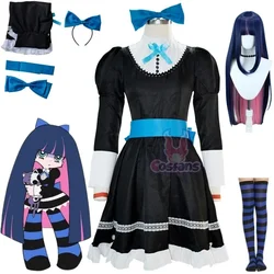 Panty & Stocking With Garterbelt Stocking Anarchy Cosplay Costume Black Dress Uniform Long Wig Bow Tie Hairpin Striped Stockings
