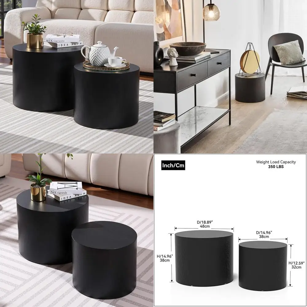 زوج من طاولات القهوة الخشبية المستديرة الحديثة مع قواعد مضادة للانزلاق لمساحات المعيشة المدمجة #1