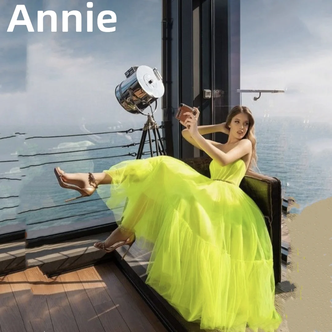 

Annie Fluorescent Green Prom Dress Vestidos De Noche Sweetheart Tulle Mid-length Style A-shaped Evening Party Dress