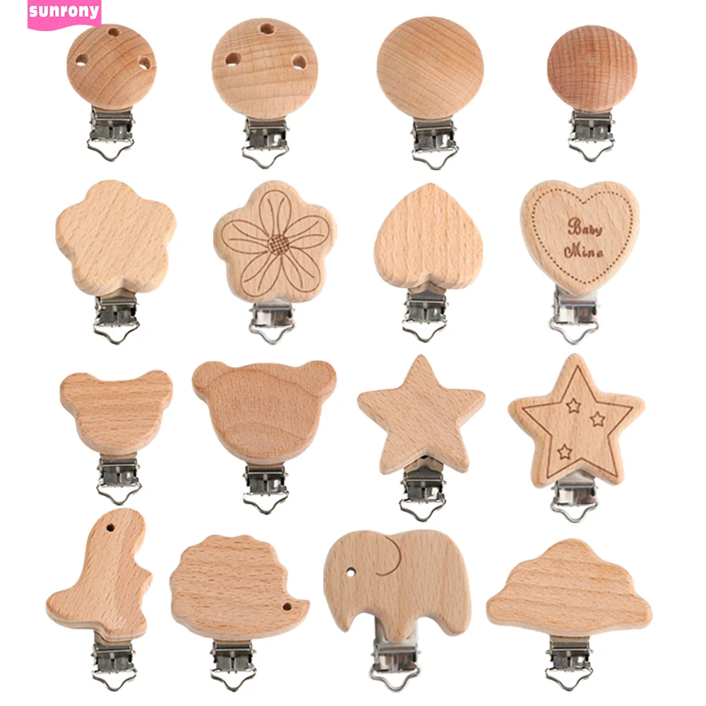 3Pcs/Lot Natural Beech Woode Pacifier Clip Animals Round Shape Wooden Clamps Metal Holder DIY Bag Chain Crafts Accessories