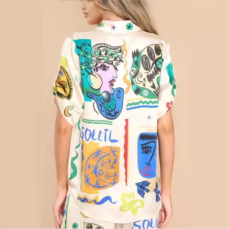 Summer Women\'s Fashion Graffiti Print Satin Short Sleeved Lapel Shirt High Waist Pocket Long Pants Casual Two-piece Set Femme