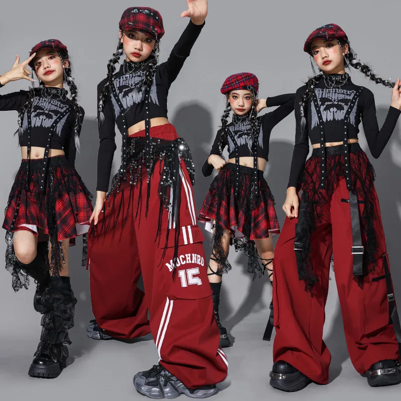 Girls K-pop Off Shoulder Crop Top Joggers Pants Street Dance Shorts Kids Streetwear Children Jazz Girl Hip Hop Group Clothes Set
