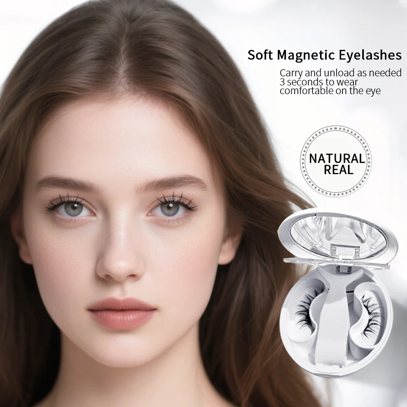 Soft Magnetic Eyelashes 3D Natural Look No Glue Handmade 1 Pair Faux Mink Kit with Mirror & Holder