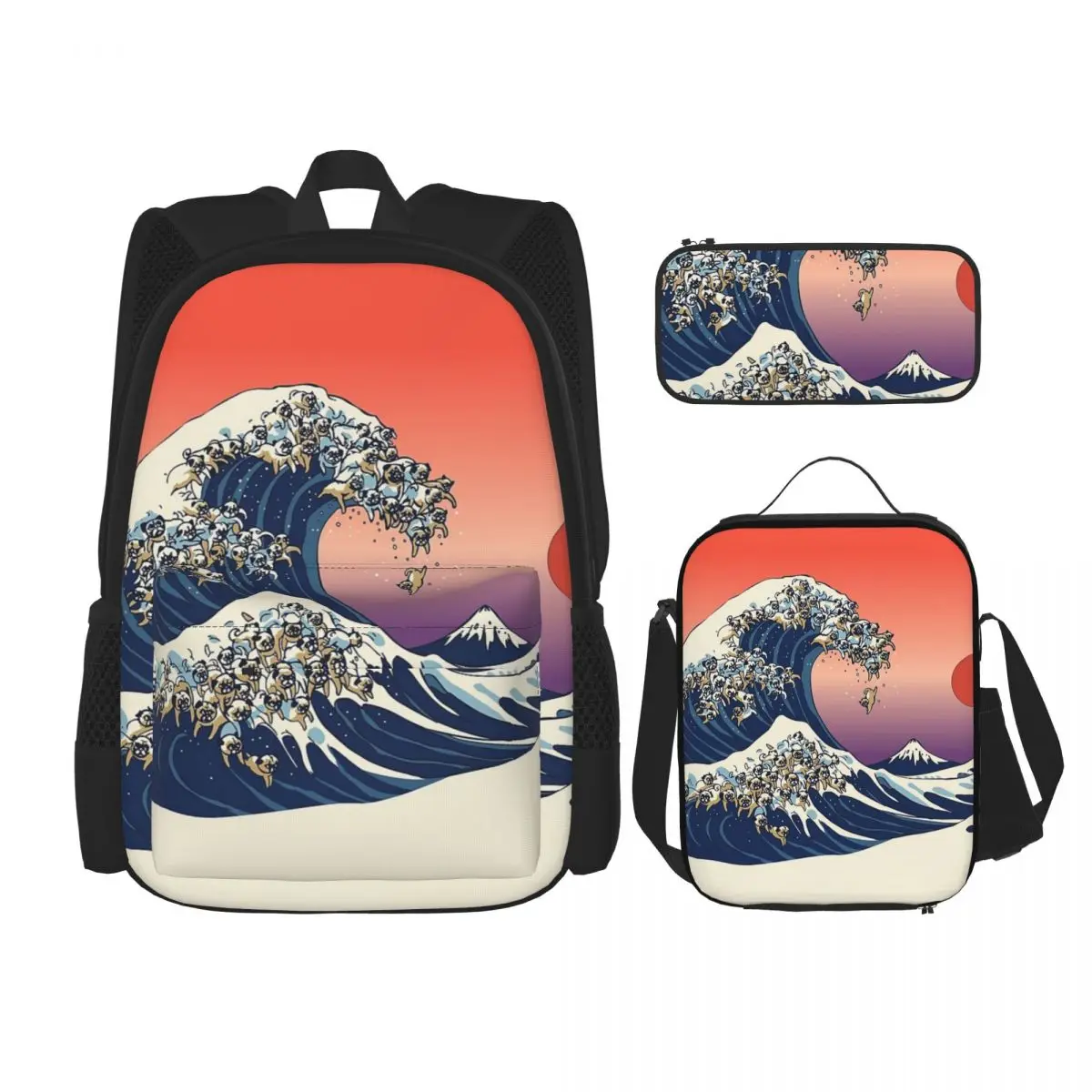 A Grande Onda de Pug Mochilas, Estudantes Mochilas Escolares, Mochila Dos Desenhos Animados, Lunch Bag, Pen Bag, Meninos e Meninas Bookbag, 3 Pcs Set