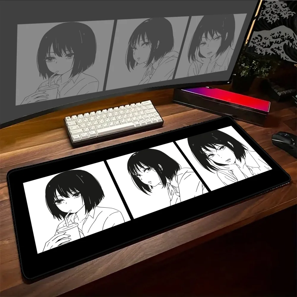 

Large Gamer Mouse Pad Black and White Girl XXL Anime HD Rug Non-slip Keyboard Desk Mats Laptops Gaming Accessories Mousepad