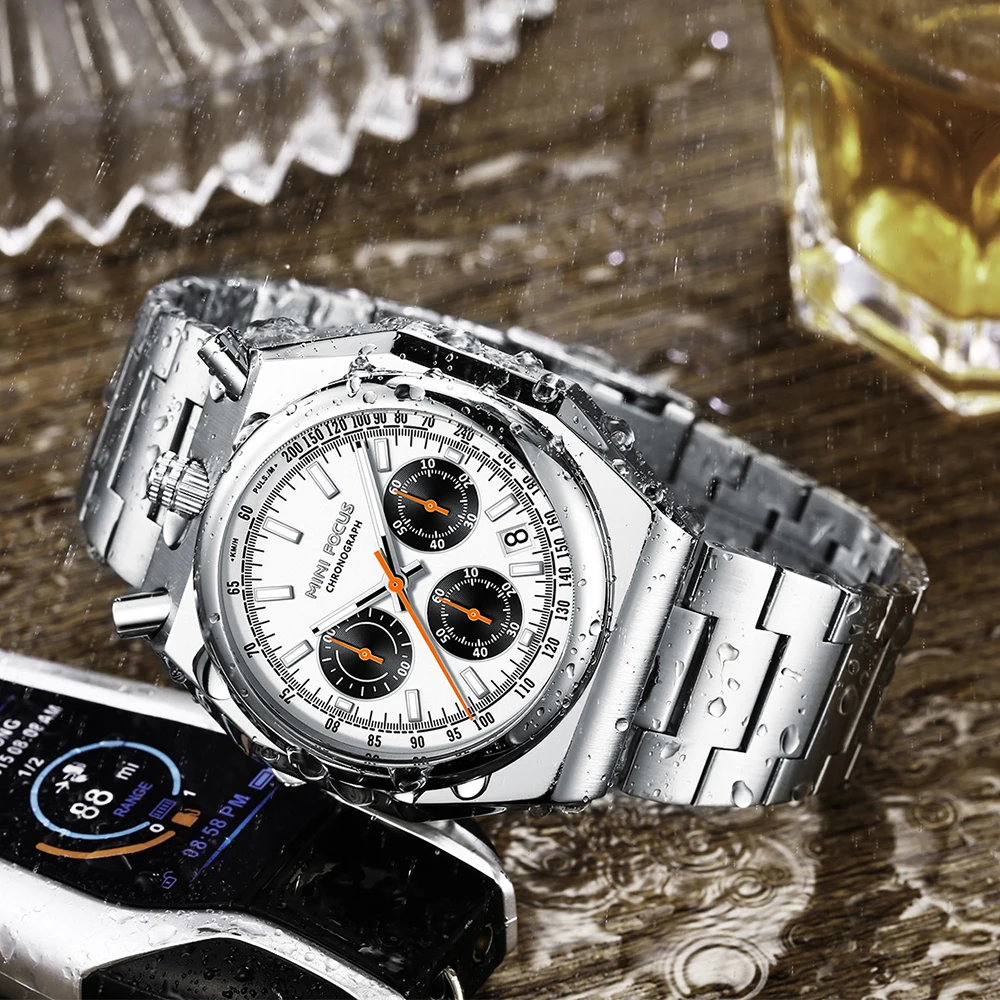 MINI FOCUS البومة على شكل الهاتفي كرونوغراف ساعات كوارتز للرجال التقويم مضيئة متعددة الوظائف سوار فولاذي الثور رئيس ساعة اليد