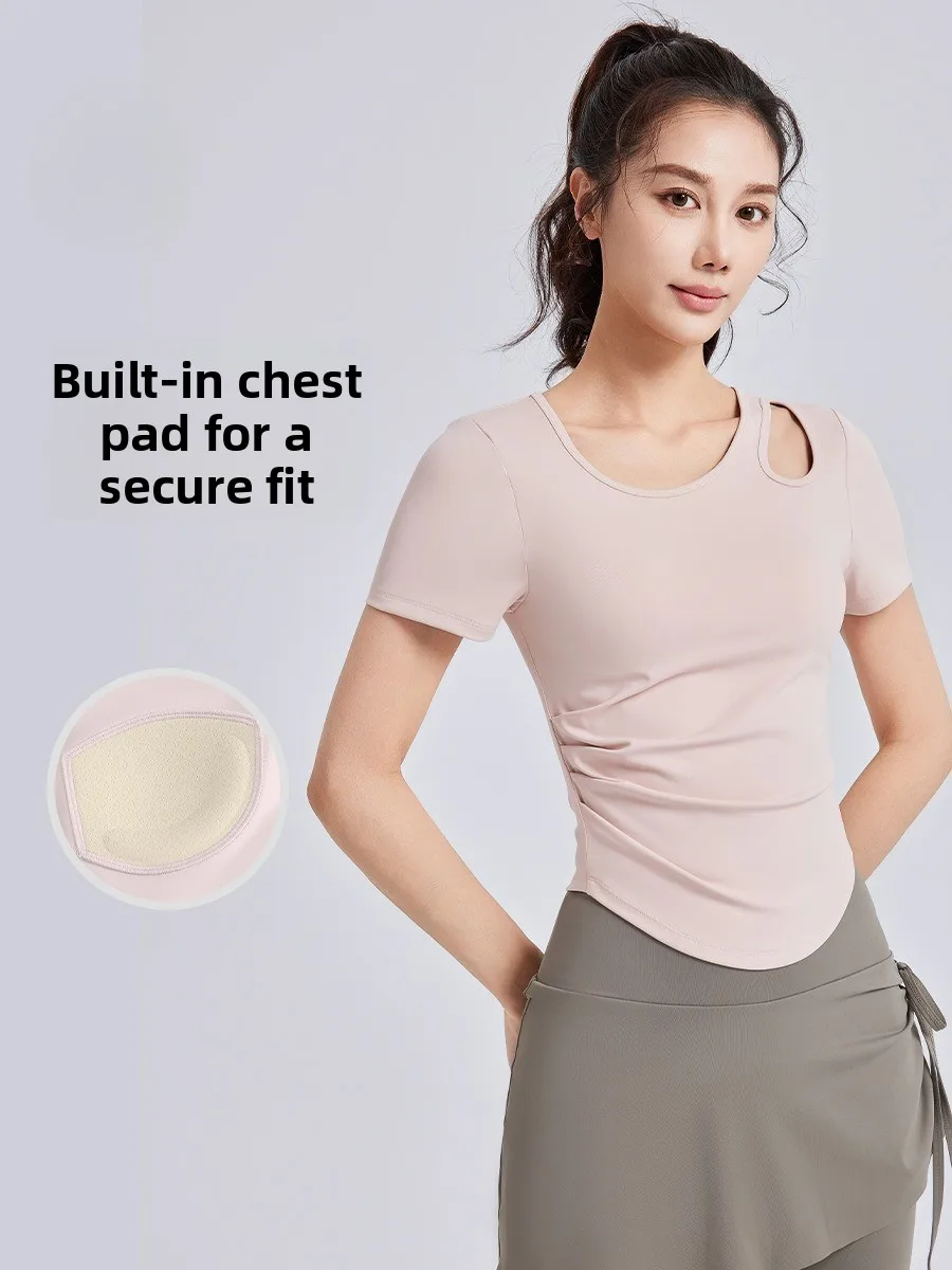 

Skinny and Wrinkled Yoga Clothes Women's One Cup with Chest Pad Sports Fitness Top Short Sleeve Summer