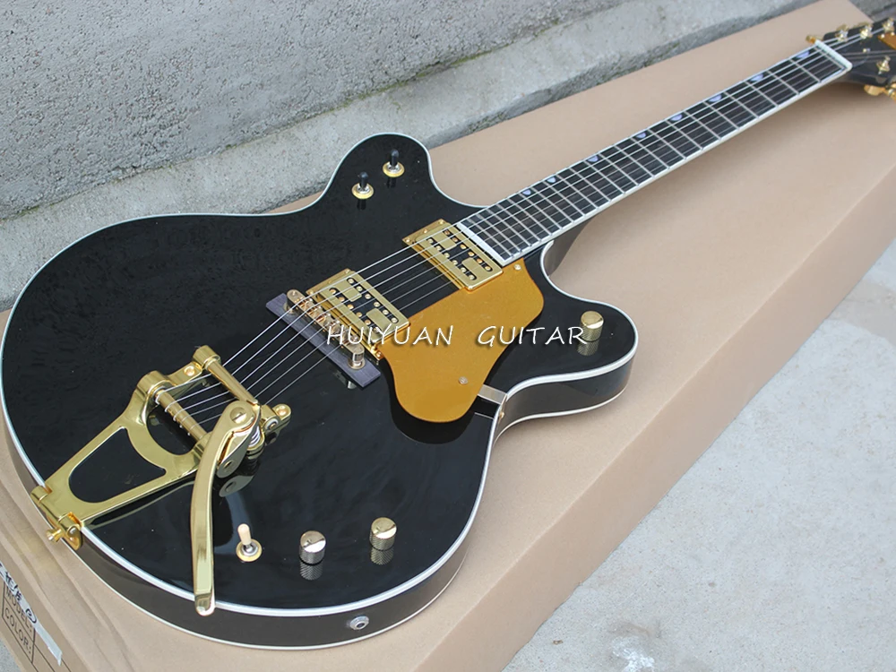 

Black Semi-hollow Electric Guitar 6 Strings with Big Tremolo,Rosewood Fretboard,Gold Pickguard