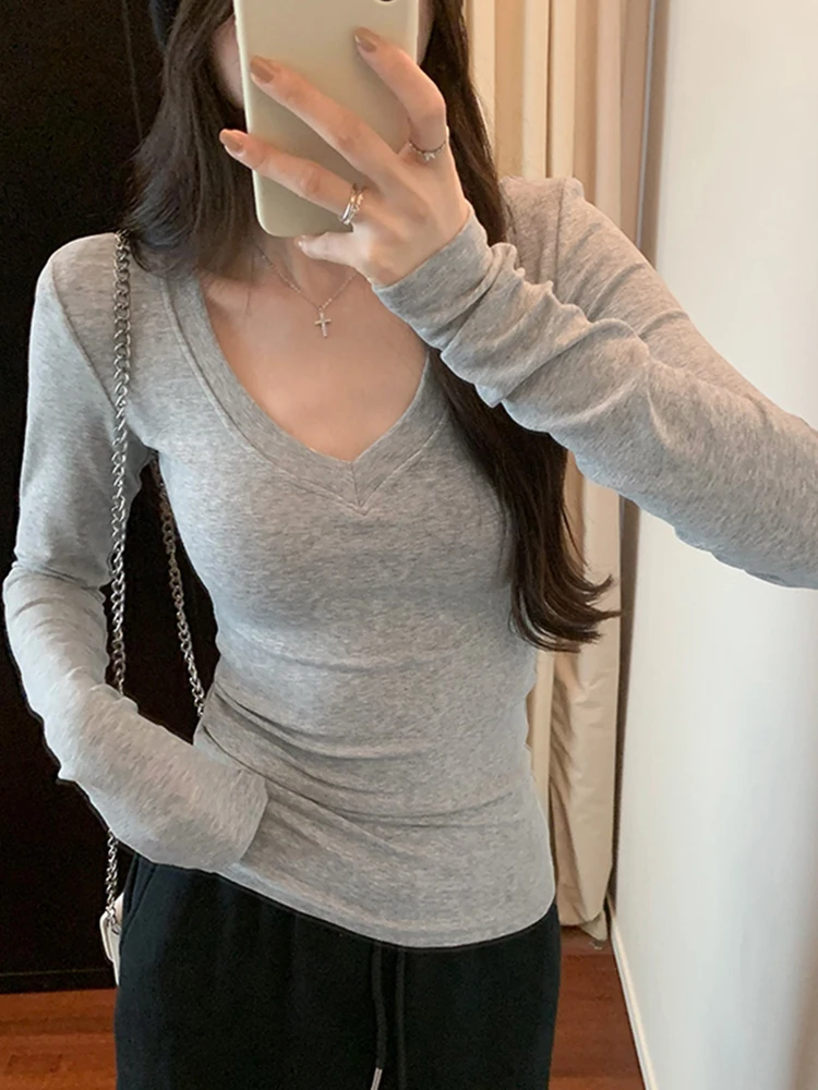 

2024 Autumn Casual Womens Clothing Long Sleeve Slim T Shirt V Neck Solid Tees Women Korean Style Tops Mujer Basic Tshirts Female