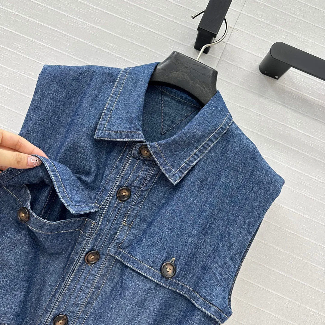 Safari Style Blue Denim Summer Midi Dress Women 2025 New Lapel Sleeveless Pockets High Waist Belt Casual High Street Dresses