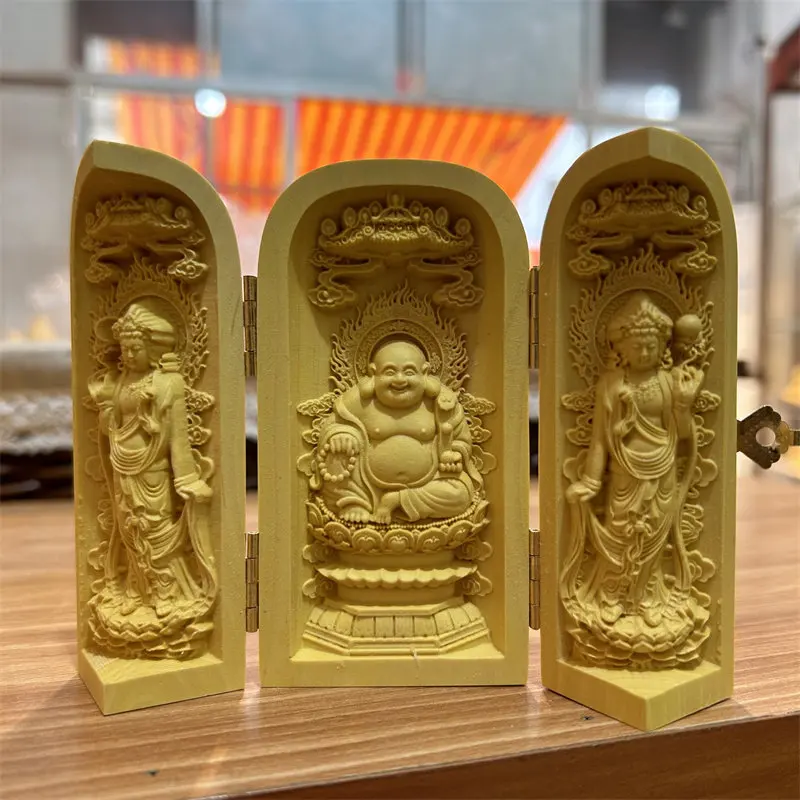 Boxwood Portable Shrine Small Figurine Three Section Carved Religious Display Box for Home Altar and Meditation Room Decor