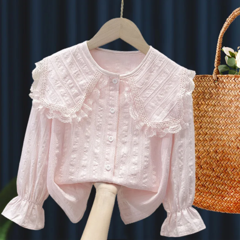 Girls Pure Cotton Long Sleeve Shirt Lace White Base Layer Top Medium Size Children Student Growth Sleeve Open Cardigan