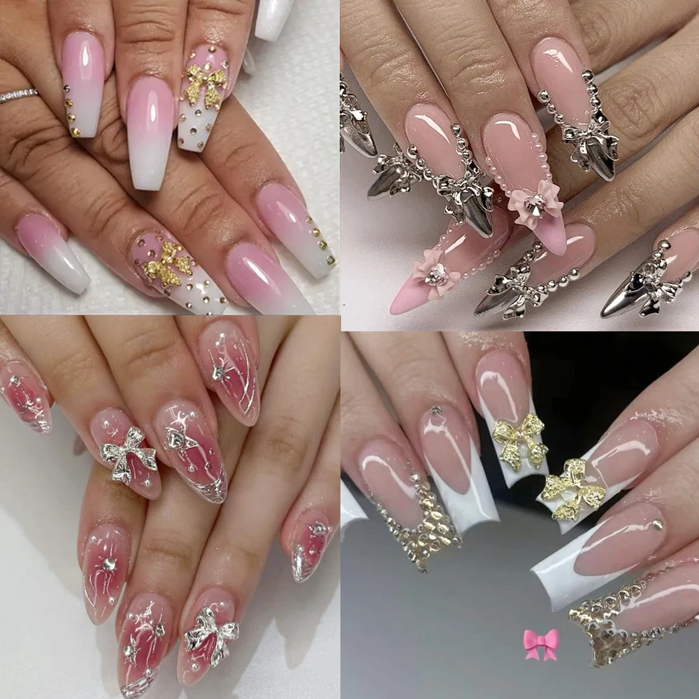 120 Uds. De dijes 3D de aleación dorada mezclada con lazo para decoración de uñas, cinta de Metal de lujo, pajarita, accesorios para uñas, decoraciones para uñas con lazo exquisito