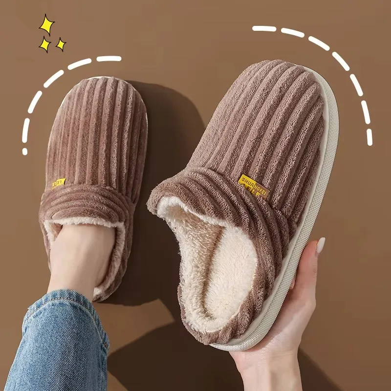 Winter Couple Style Concise Stripes Plush Slippers Ladies' Non-slip Soft Warm Flip Flops Women Men Home Flat Casual Cotton Shoes