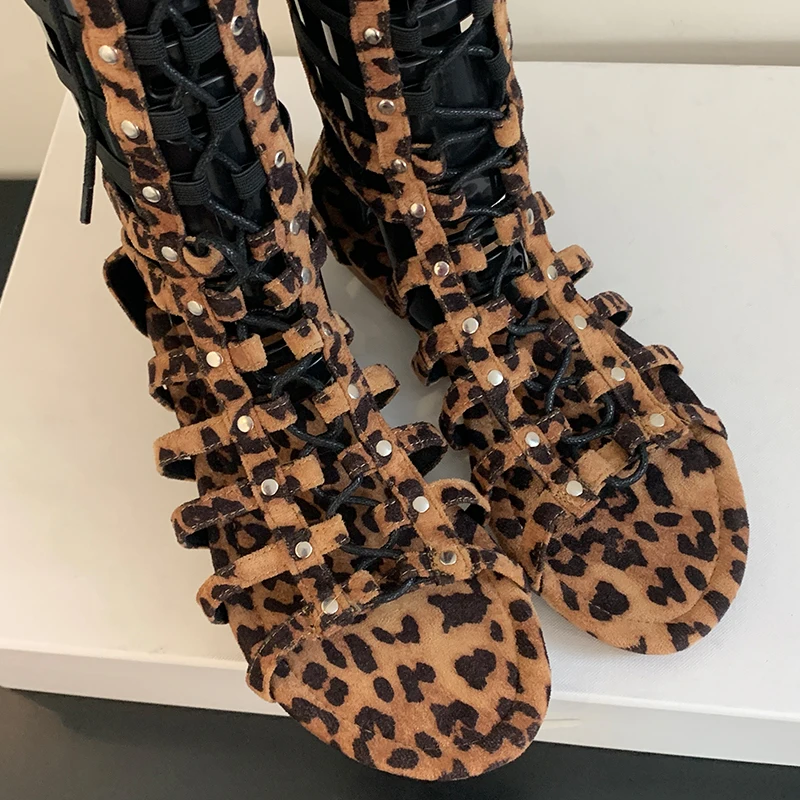 Western Roman Boots For Womens Modern Cross-Tied Solid Ladies Long Boots 2024 Zipper Footwear Knee-High Leopard Female Shoes