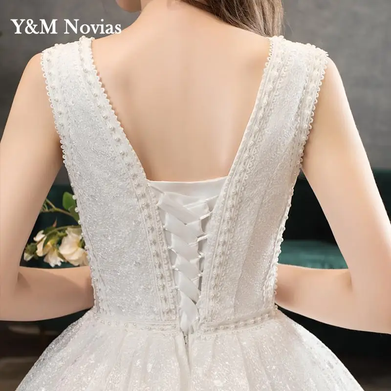 Y & m-vestido de novia con cuentas de perlas, elegante vestido de novia con purpurina hecho a medida, largo, sin mangas, de princesa, para baile