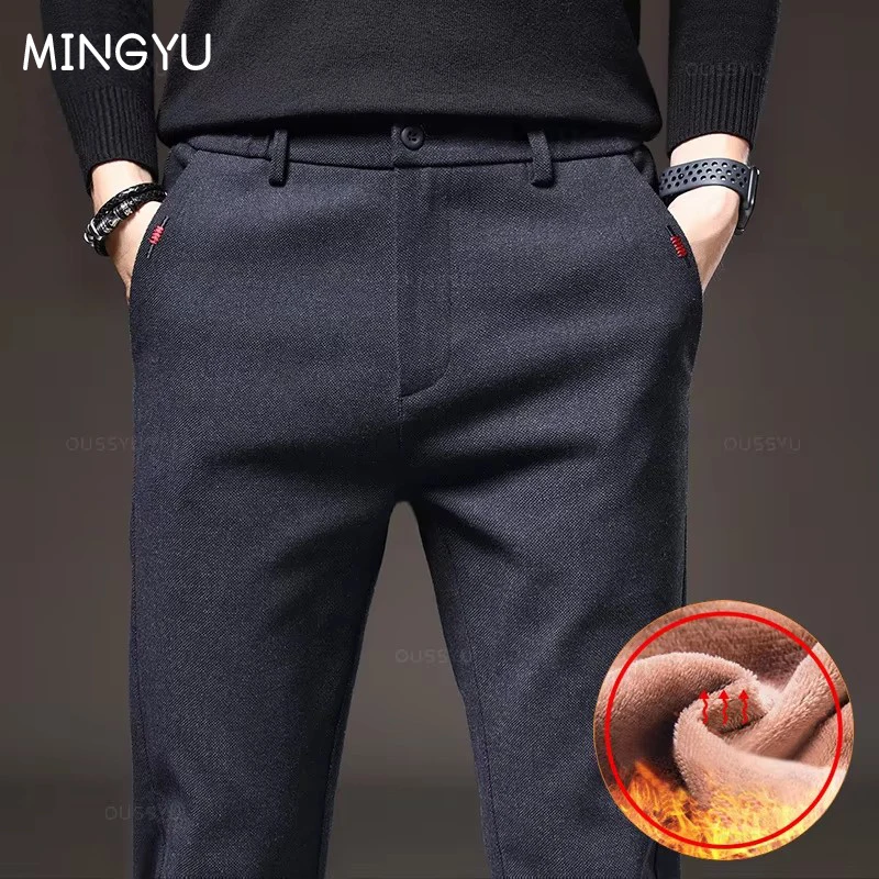 Brand Clothing Winter Fleece Thickening Warm Men's Brushed Fabric Casual Pants Business Slim Fit Velvet Cotton Trousers Male