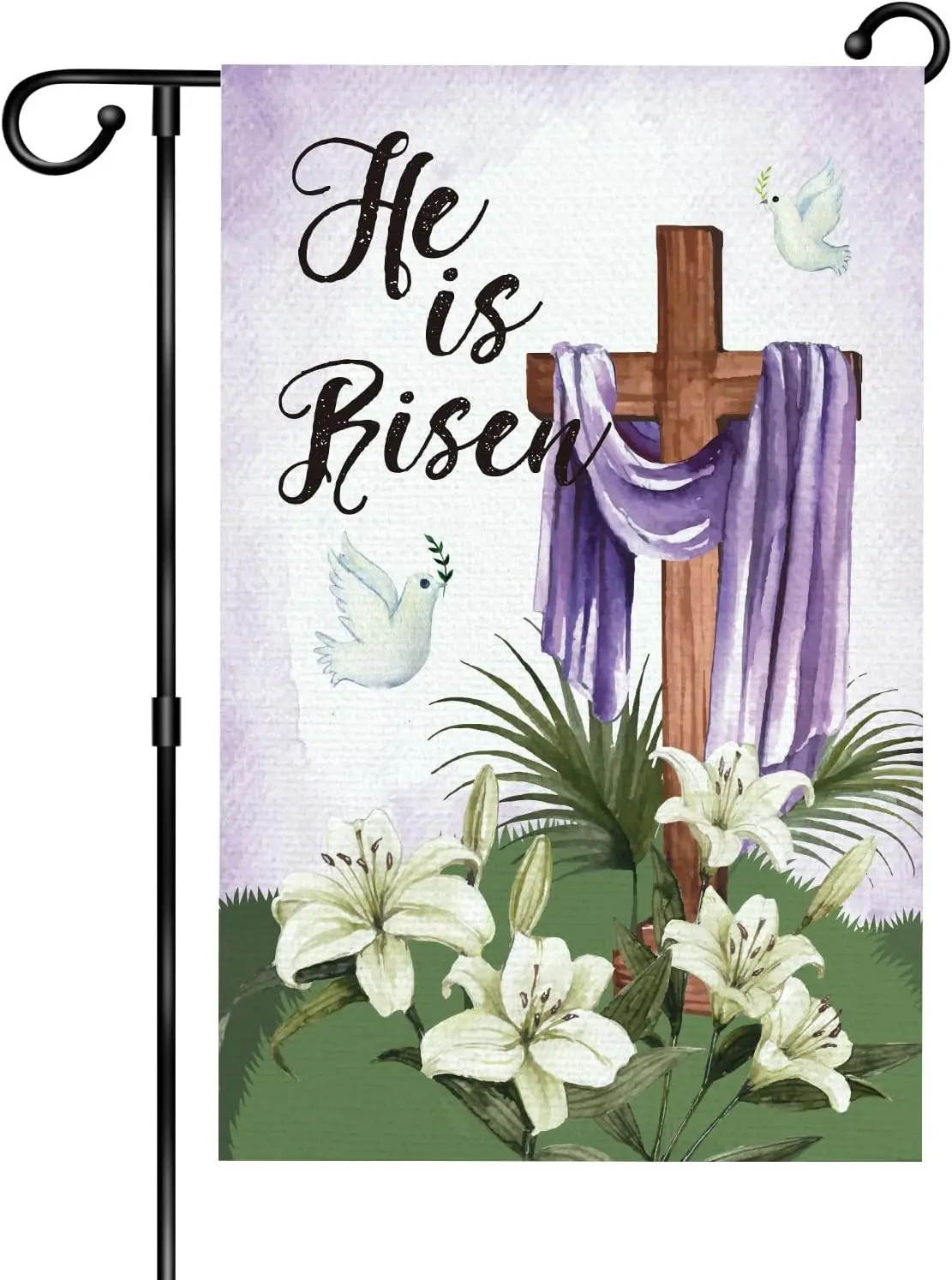 Christian Easter He is Risen Garden Flag, Religious Cross Lily Flower Yard Flag, Spring Leaves Holiday Yard Burlap Outdoor D AAS