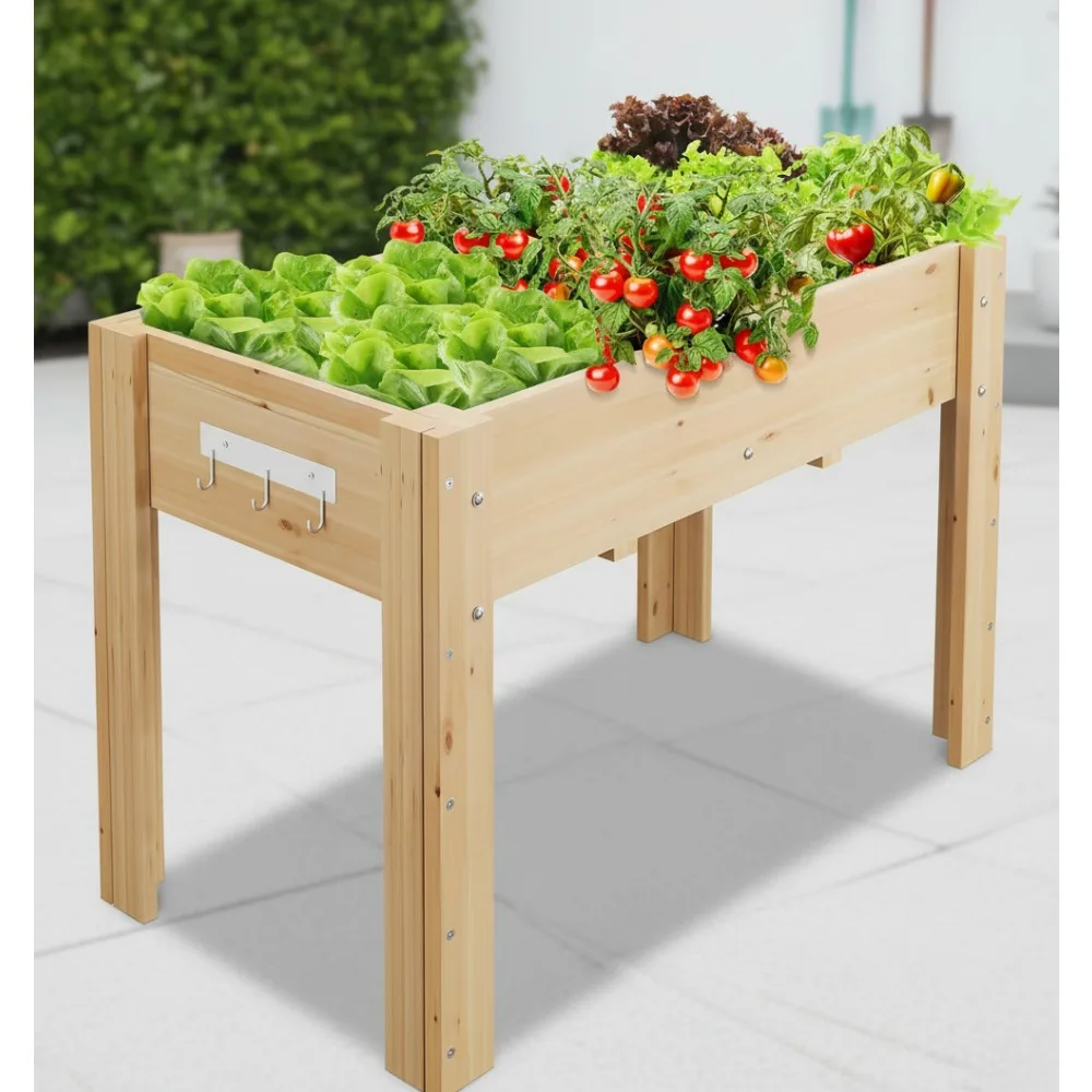 

47x30x22 in Elevated Wood Planter Box with Legs & Hooks - Raised Garden Bed for Vegetables Herbs Outdoor Patio