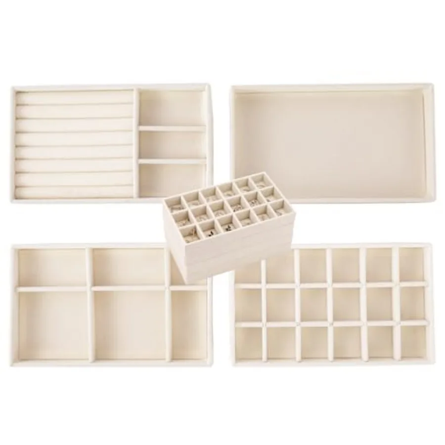 Stackable Jewelry Organizer Trays for Drawer, Set of 4 Velvet Jewelry Drawer Inserts in Dresser, 8in Storage Display Case for R