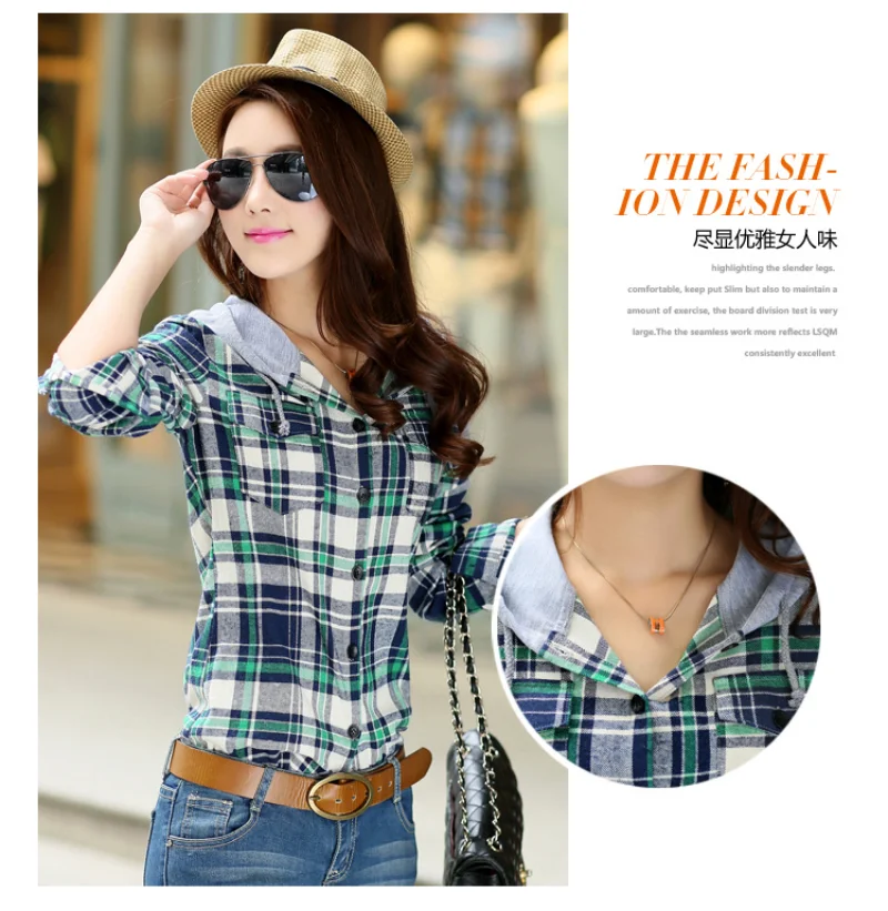 Women Fashion Plaid Hooded Shirt Loose Fit Flannel Shirt Long Sleeve Woman Blouse Shirt Cotton Blusas British Style Womens Tops