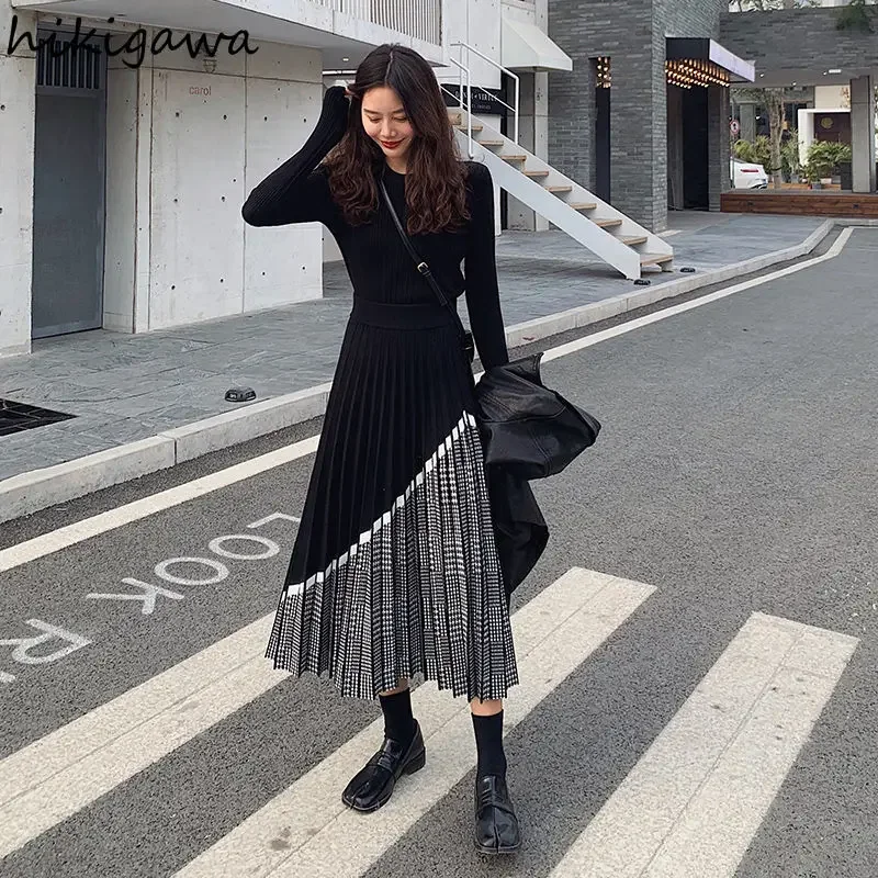 Vintage Skirts for Women Hihg Waist Slim A-line Long Jupe Patchwork Plaid Fashion Pleated Knit Skirt 2023 Faldas Mujer De Moda