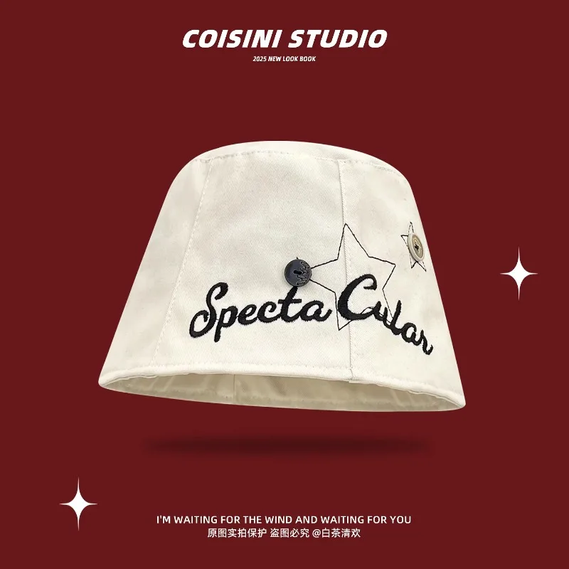 

Harajuku Embroidery Letter Button Design Cotton Bucket Hat Trend Spring and Summer Sunscreen Bell Shade Wide Brim Sun Cap
