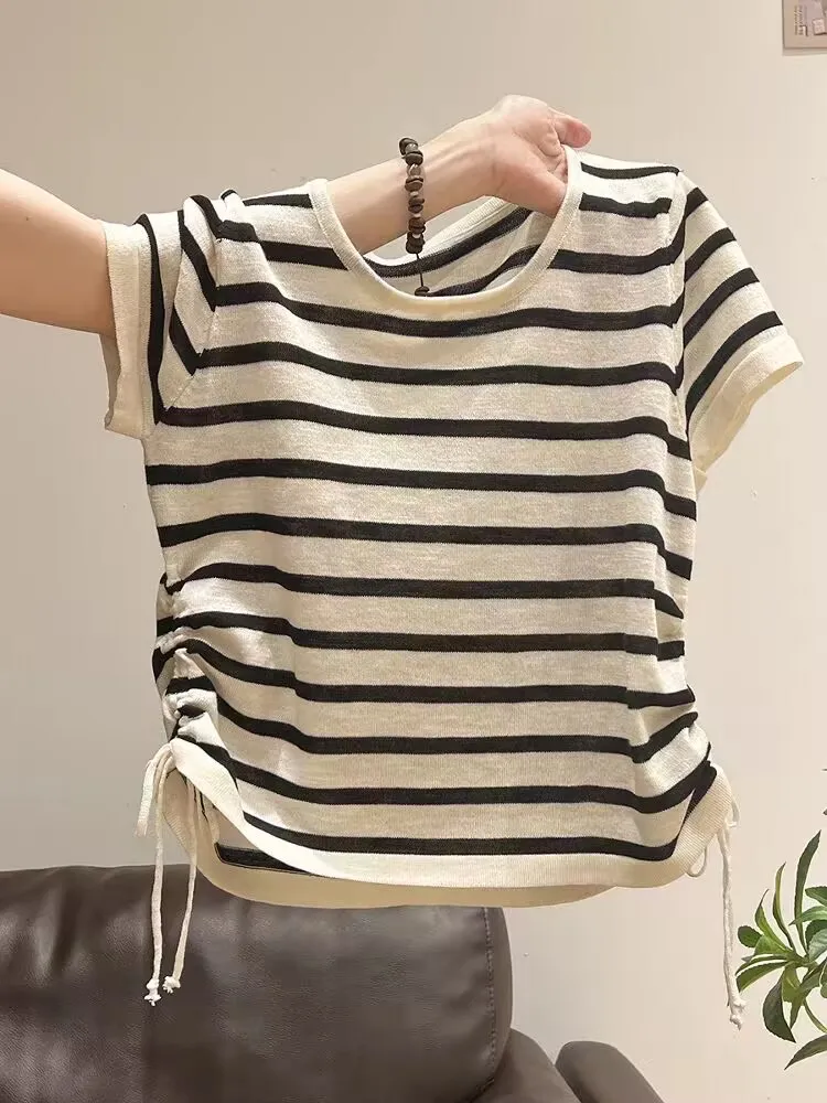 Slimming Striped Ice Silk Knitted Short Sleeve T-Shirt Women's Fashion Summer 2026 New Style Beautiful Stylish Ladies Top