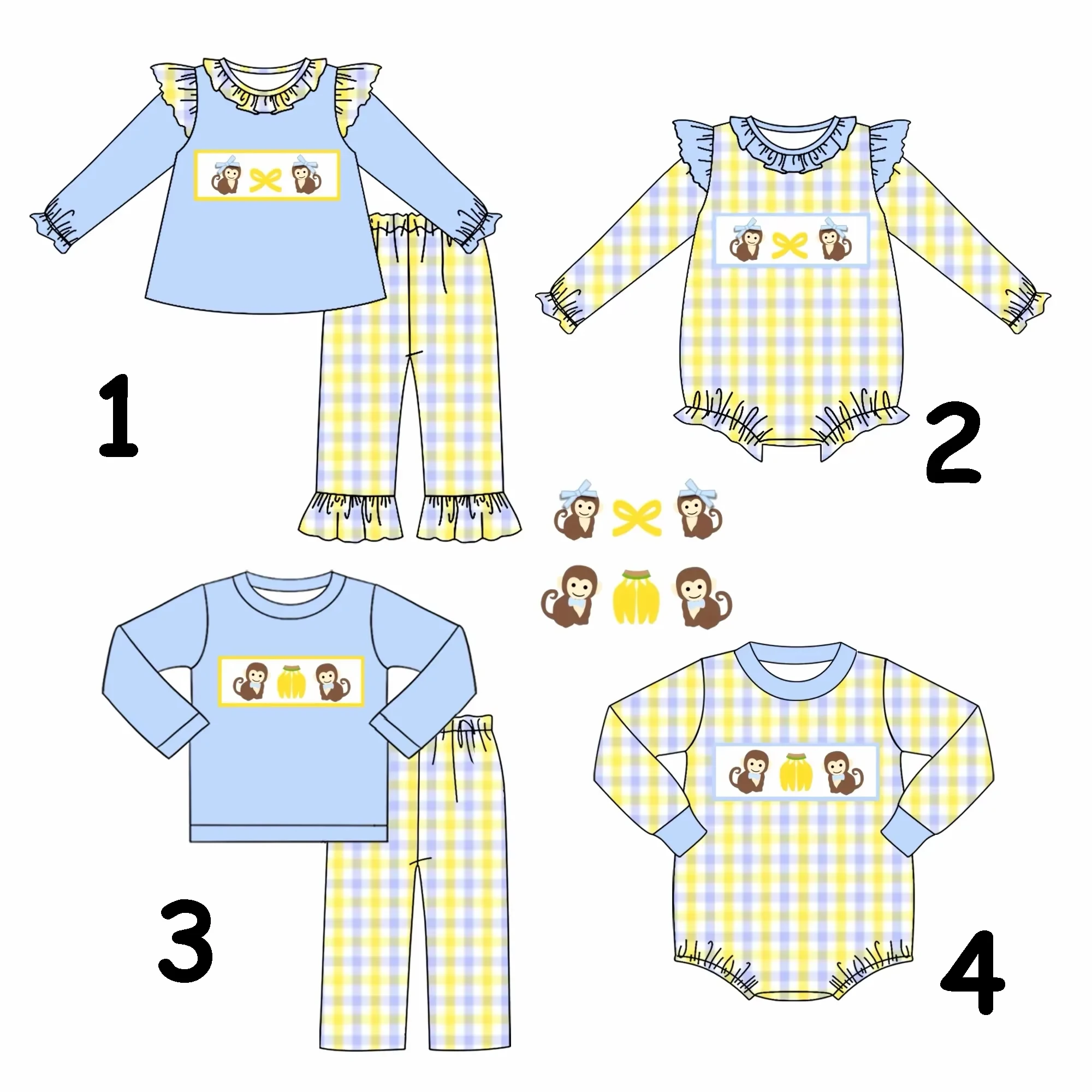 New hot selling children's clothing set autumn new men's and women's matching 4-piece set blue top yellow plaid pants monkey ban