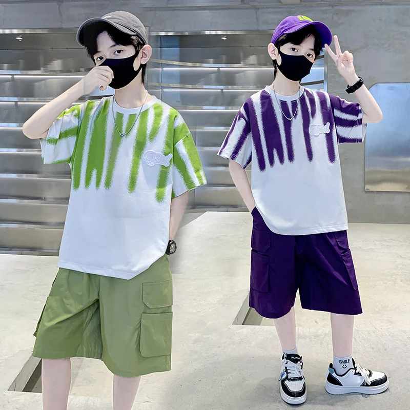 

Hot Sale Boys Summer Fashion Cotton 2Pcs Short Sleeve T-shirts + Shorts Suits 5-14 Years Kids Casual Outfits Child Clothes Sets