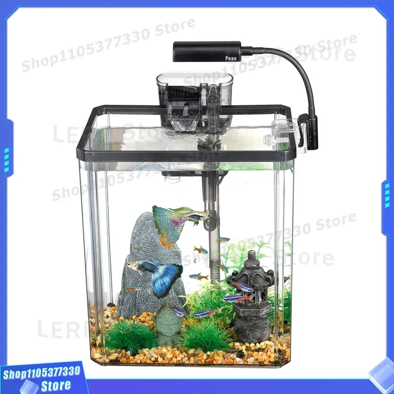 Small Desktop Fish Tank Kit with LED Light and Hanging Filter Plastic Aquarium Set for Home Office Decoration Betta Fish Bowl