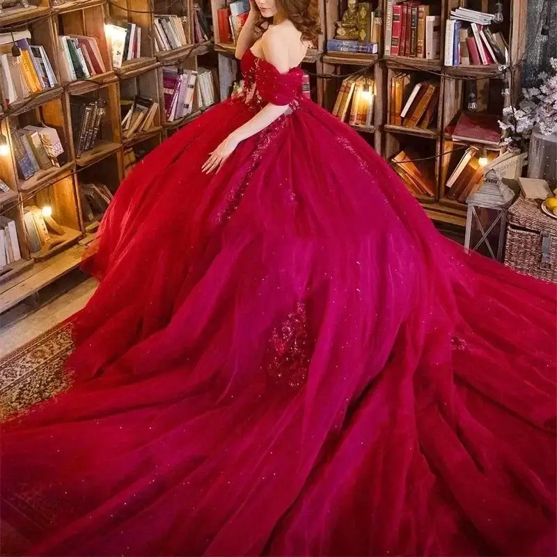 Customized Elegant Mexican Red Vestidos De 15 Quinceañera Shinning Beads Off The Shoulder Tull 16 Gowns Pageant Party Dress