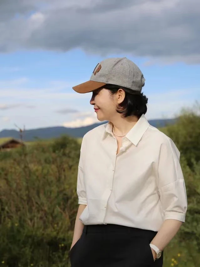 

High Quality Cotton Flower Bud Sleeve Design Simple White Shirt Collar Short Sleeve Women's Casual Loose Fit Summer Shirt