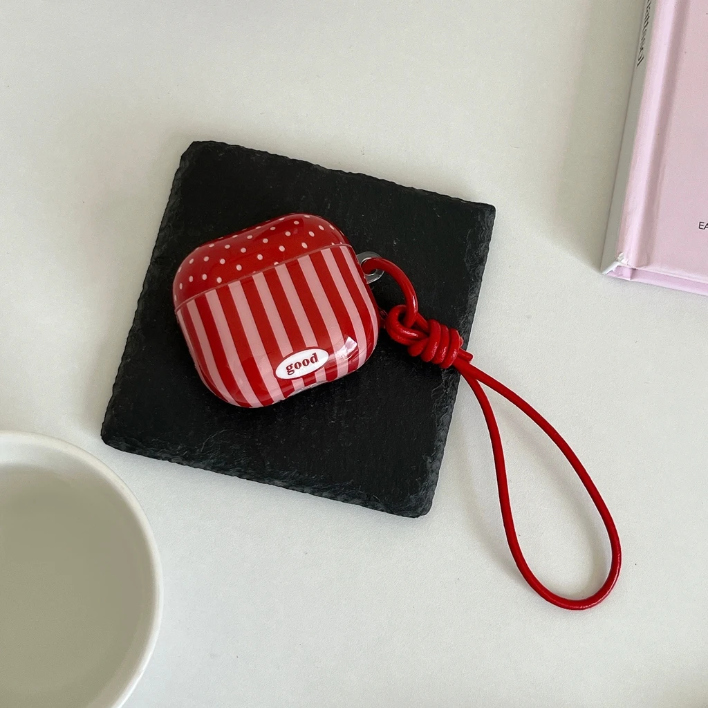 Retro Red Wave Point Stripe Splicing With Lanyard Earphone Case Cover for AirPods 1 or 2 3 4 Pro 2 Pro 3