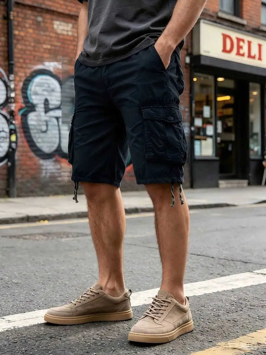 

Men’s Black 100% Cotton Cargo Shorts Featuring Multiple Flap Pockets, Lightweight Breathable Design For Summer Streetwear And