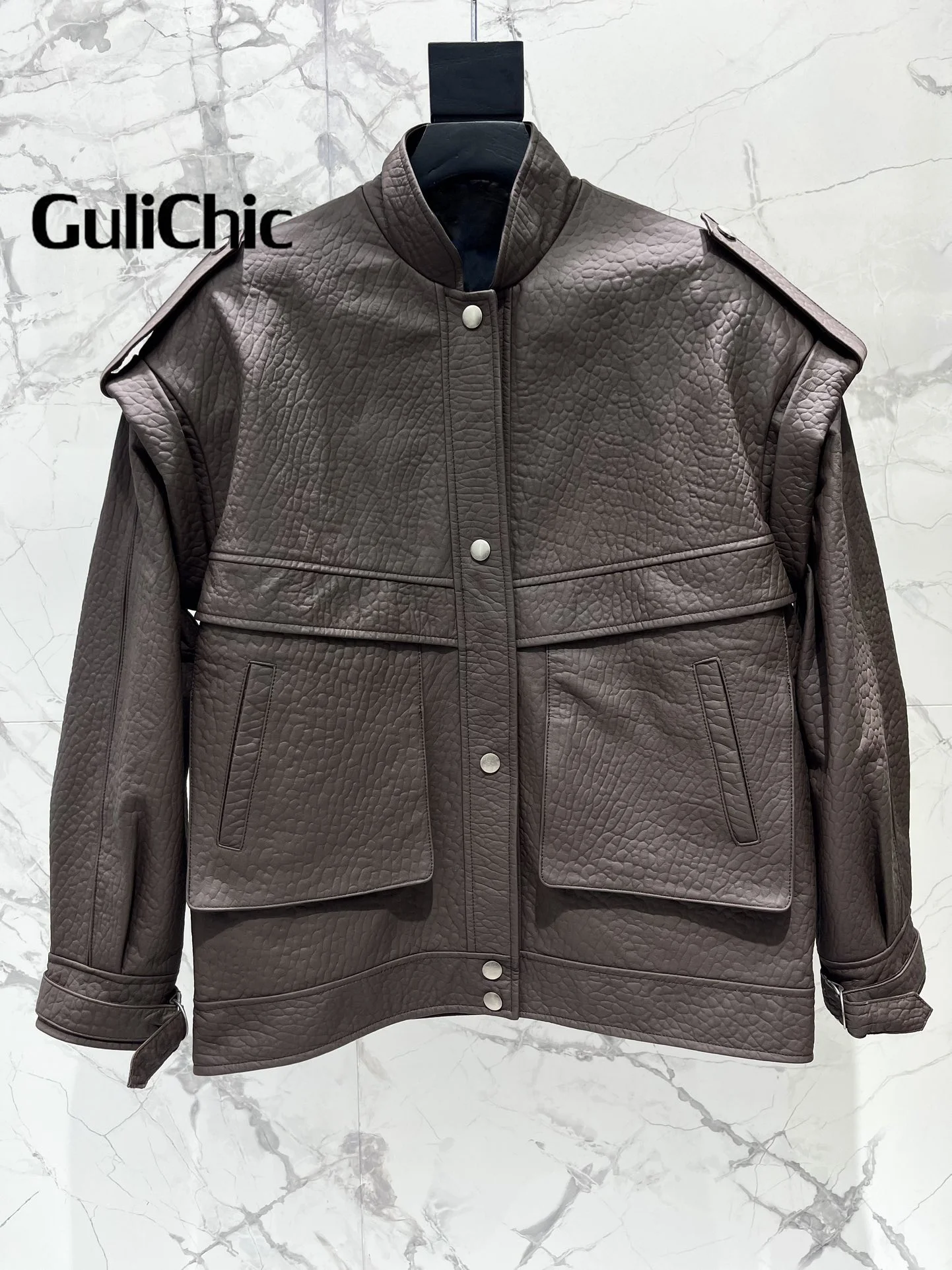 8.14 GuliChic Women\'s High Quality Fashion Design Stand Collar Vintage Genuine Leather Loose Pocket Jacket Coat