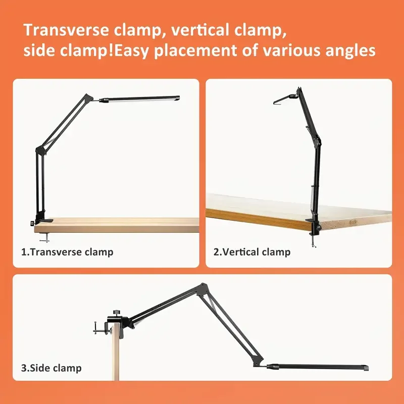 LED Folding Metal Desk Lamp Clip on Light Clamp Long Arm Diming Table Lamp 3 Colors Adjustable For Living Room Reading Computers