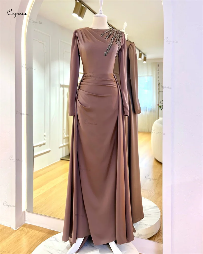 Ciynsia Elegant Muslim Formal Occasion Dresses for Women Champagne Satin Beaded Long Sleeve Evening Gown Mermaid Robes De Soirée