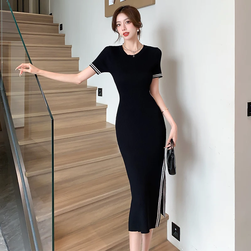 2024 Summer Elegant Maxi Dresses For Women Simple Temperament Generous Comfortable Short-Sleeved Hip Round Neck Black Dress