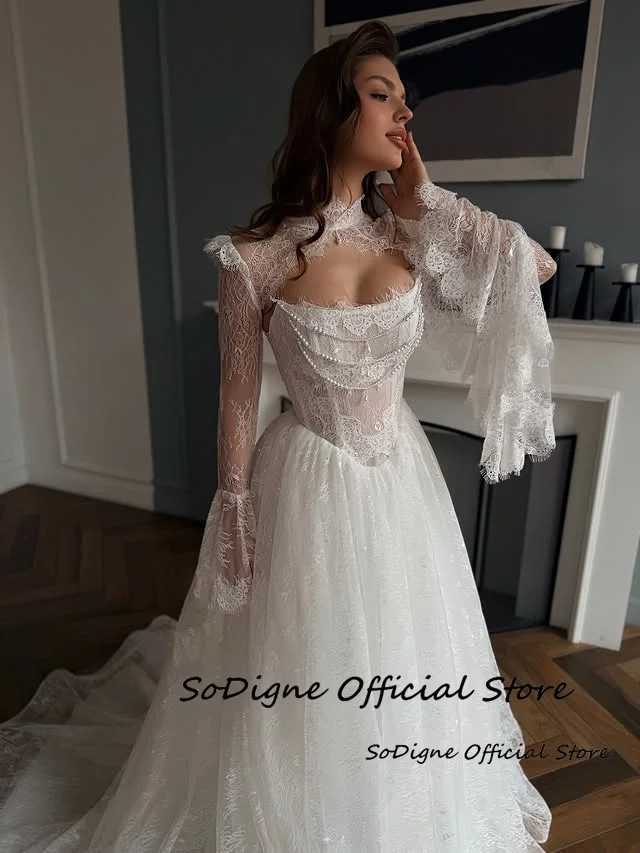 SoDigne A-line Lace Wedding Dresses 2026 Strapless Bridal Dress with Jacket Church Wedding Gown Robe De Mairee Customized