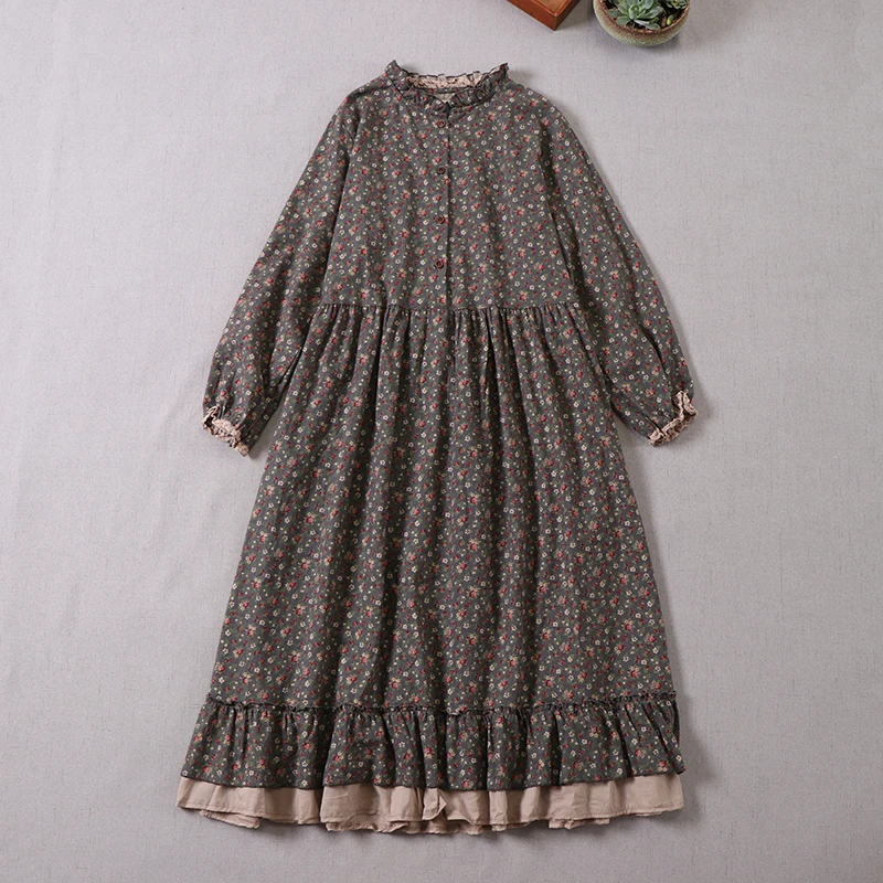 Japanese Mori Girl Vintage Floral Print Ruffled Cotton Dress Women Spring Autumn Long Sleeve Casual Loose Retro A-line Dresses