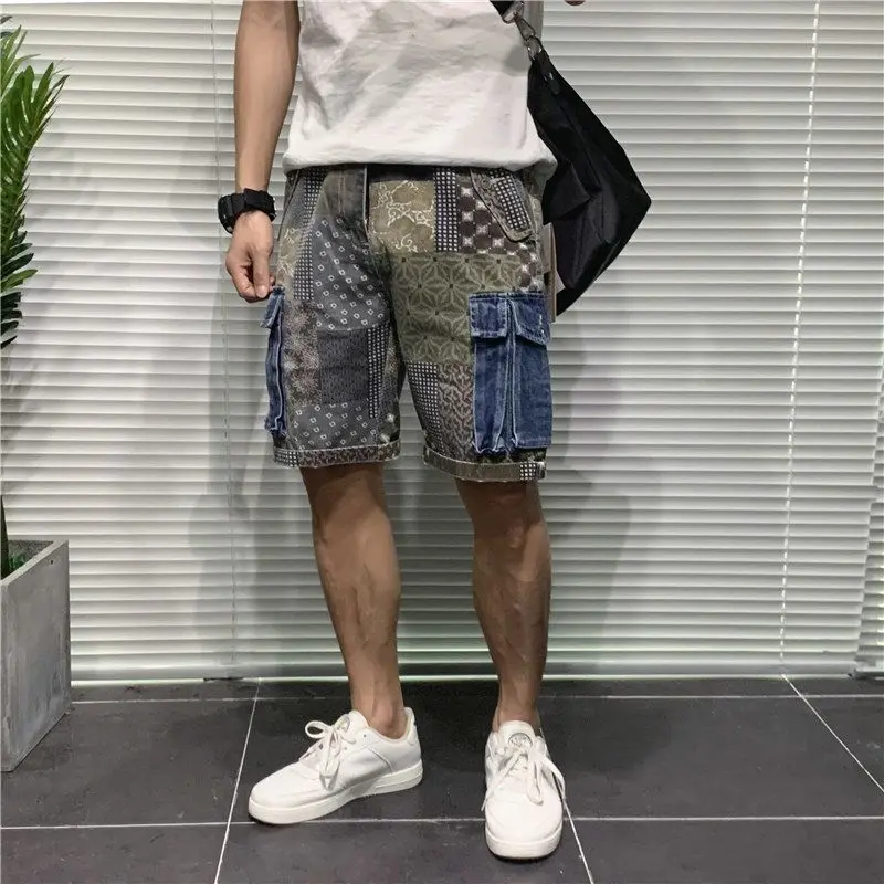 Men's Summer Denim Shorts Casual Loose Fit Cargo Shorts American Streetwear Multi Pocket Above Knee Shorts Khaki Color Block