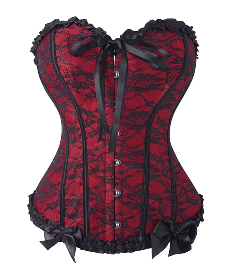 Damen Gothic Overbust-Korsett mit Spitze, Rüschen, Schleife vorne, Busk-Rückseite, Schnürung, Taillenformer, Halloween-Party-Kostüm – Detail 3