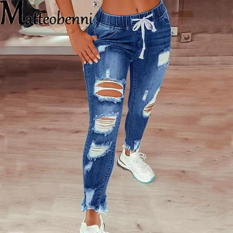 Vintage Broken Holes Elastic Waist Lace-up Pencil Jeans Ladies College Style Commuter Casual Denim Pants Women Fashion Trousers