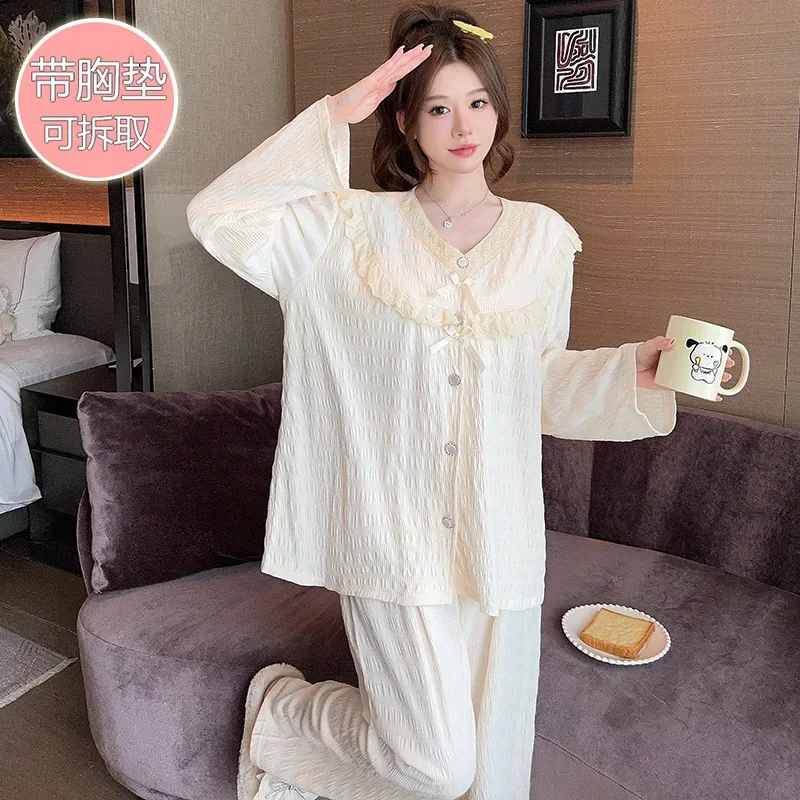 Очень большие хлопковые пижамы для женщин, 150 кг с нагрудными подушечками, корейская весенняя домашняя одежда, кружевные милые брюки с длинными рукавами, верхняя одежда